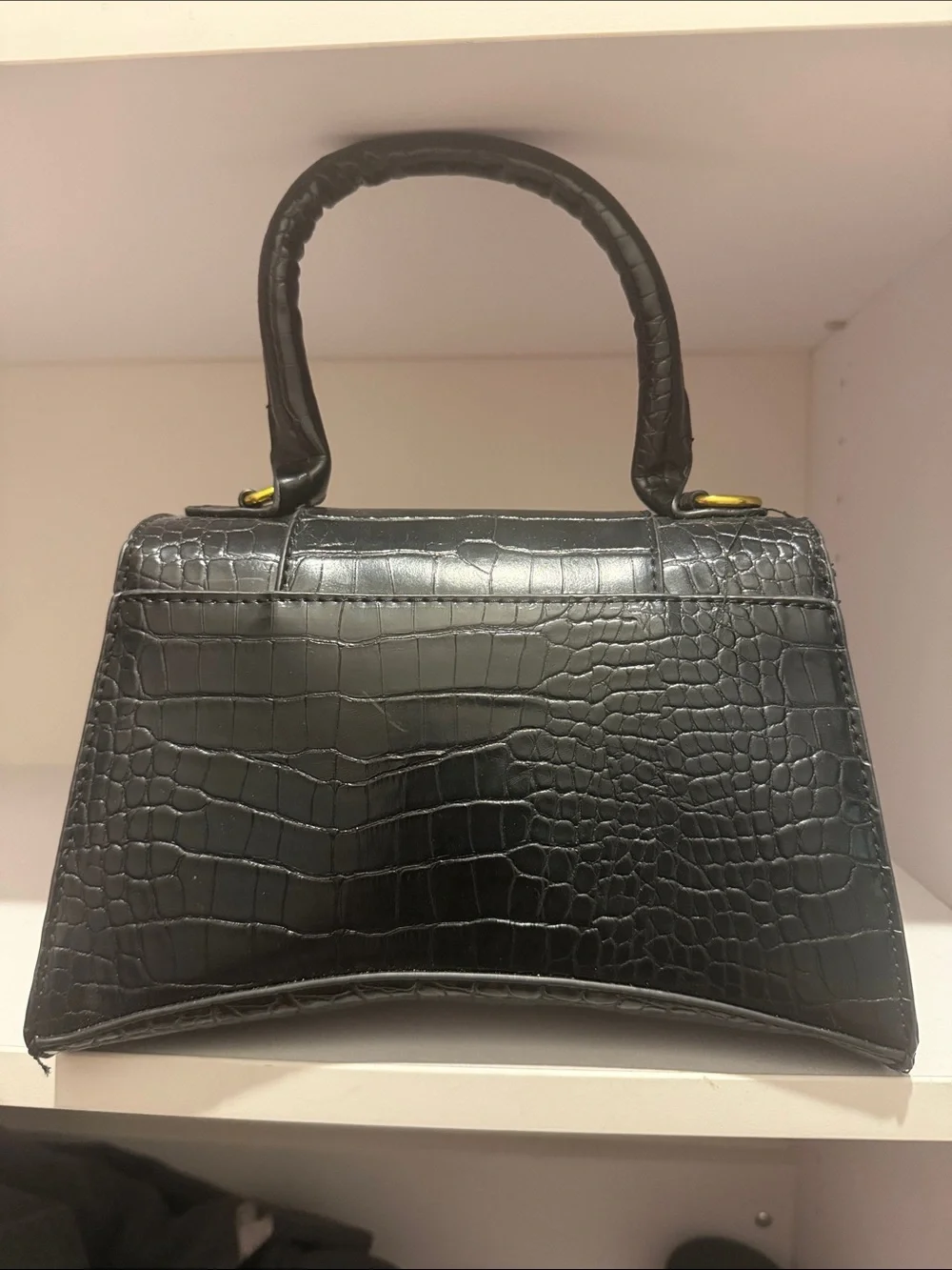 Vintage Black Croc-Embossed Top Handle Bag with Gold Ring Accent
